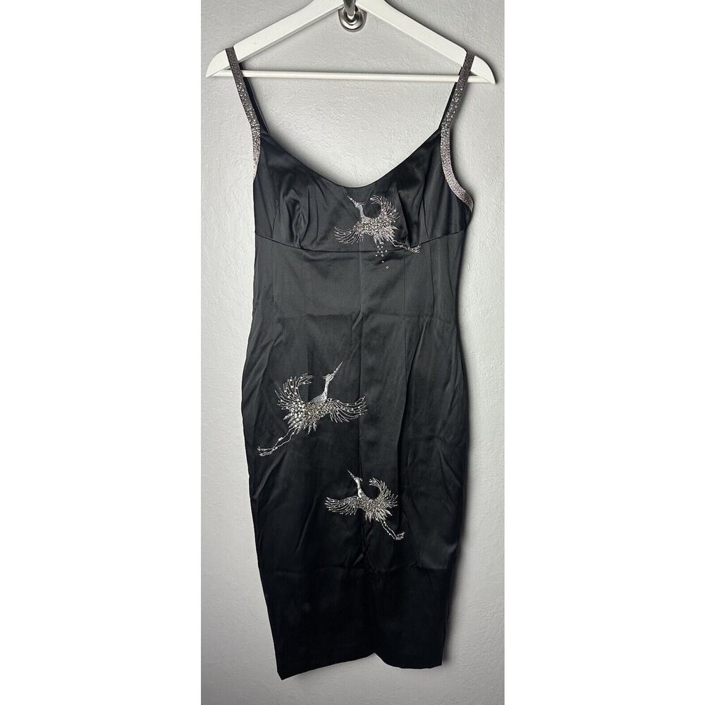 Julian Joyce Cocktail Dress Women 6 Black Silver Sequin Cranes Lined Vintage Y2K
